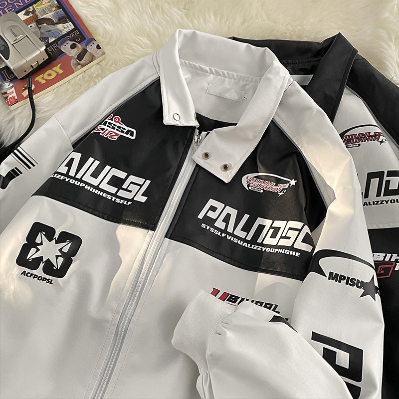 Enbu Racing Jacket Chaqueta de cuero de PU unisex para primavera y otoño Cool High Street Motorcycle Fashion Brand Chaqueta con cuello alto de estilo americano