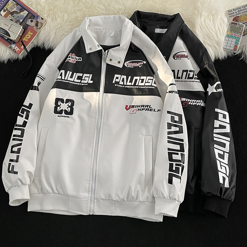 Enbu Racing Jacket Chaqueta de cuero de PU unisex para primavera y otoño Cool High Street Motorcycle Fashion Brand Chaqueta con cuello alto de estilo americano