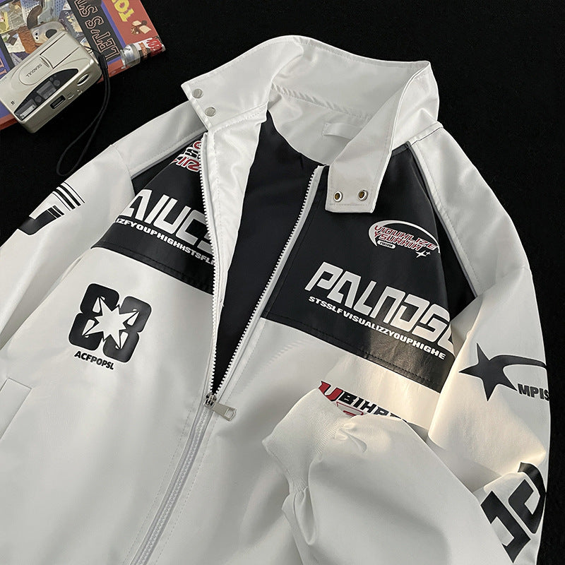 Enbu Racing Jacket Chaqueta de cuero de PU unisex para primavera y otoño Cool High Street Motorcycle Fashion Brand Chaqueta con cuello alto de estilo americano